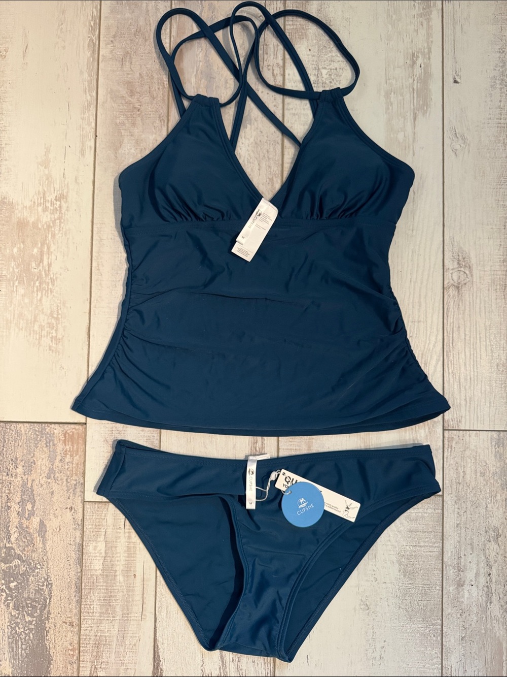 Cupshe Navy Blue Strappy Tankini with Bikini Bottom